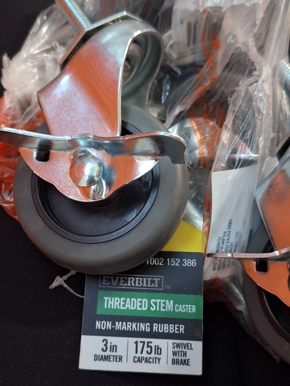 ⚙️EVERBILT | 3" Gray Rubber Like TPR & Steel Swivel Threaded Stem Caster w/Brake